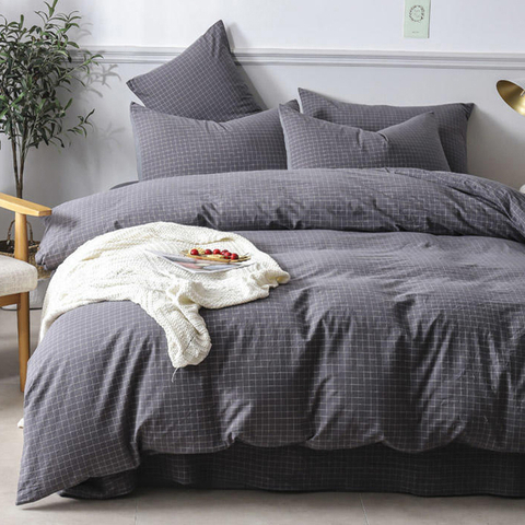 Draps de lit en coton à carreaux gris foncé pour appartement 4 PCS King Bed
